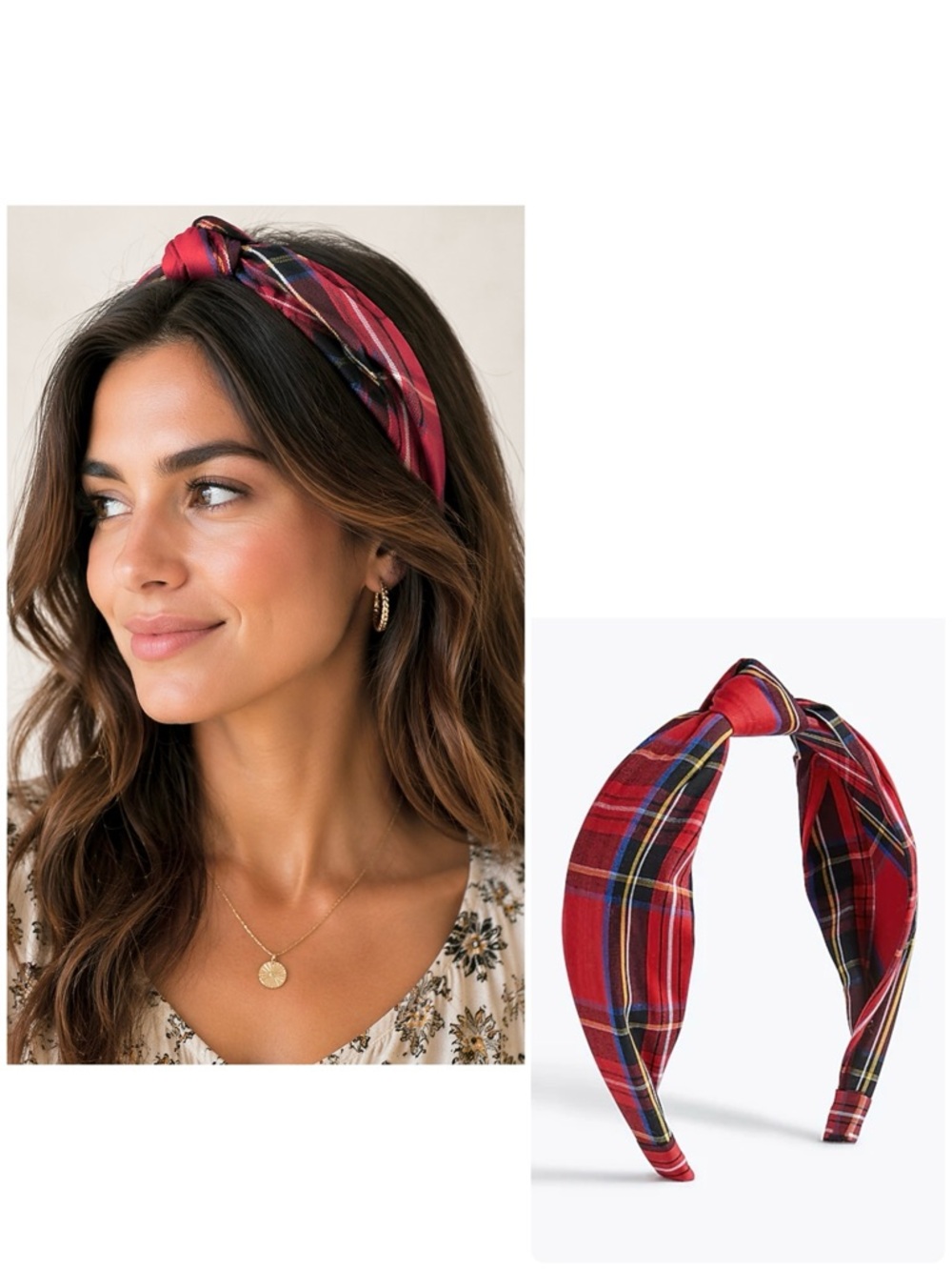 J. CREW Tartan Knot Headband Cotton Bright Red Multi Flexible and Soft